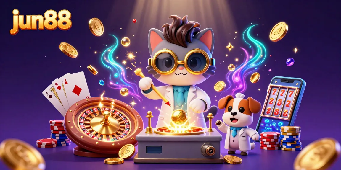 Experience the excitement of jun88 with a lively casino scene, showcasing a mad scientist cat and lab assistant.