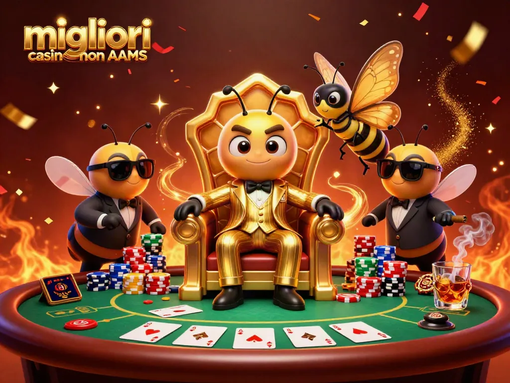 Migliori casino non AAMS: illustrazione vivace di un boss del casinò 3D e scena d'azione di poker, con dettagli dorati e atmosfera crescente.