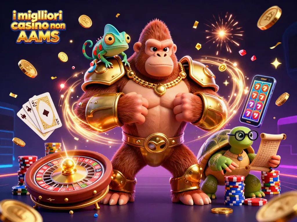 Scopri i migliori casino non AAMS con un gorilla re in armatura d'oro, un camaleonte e una tartaruga saggia, immersi nel gioco d'azzardo.