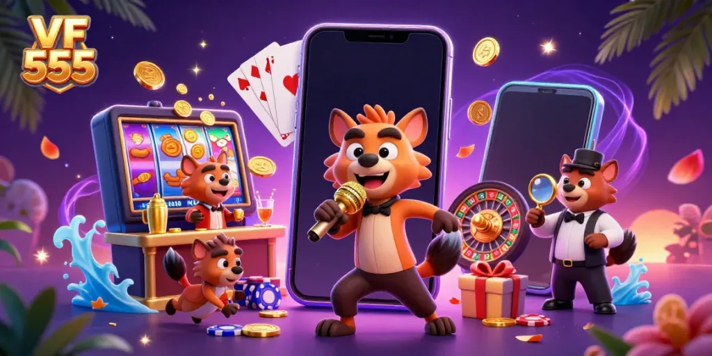 VF 555 animated hyenas entertain in a vibrant casino scene with gaming action and fun.