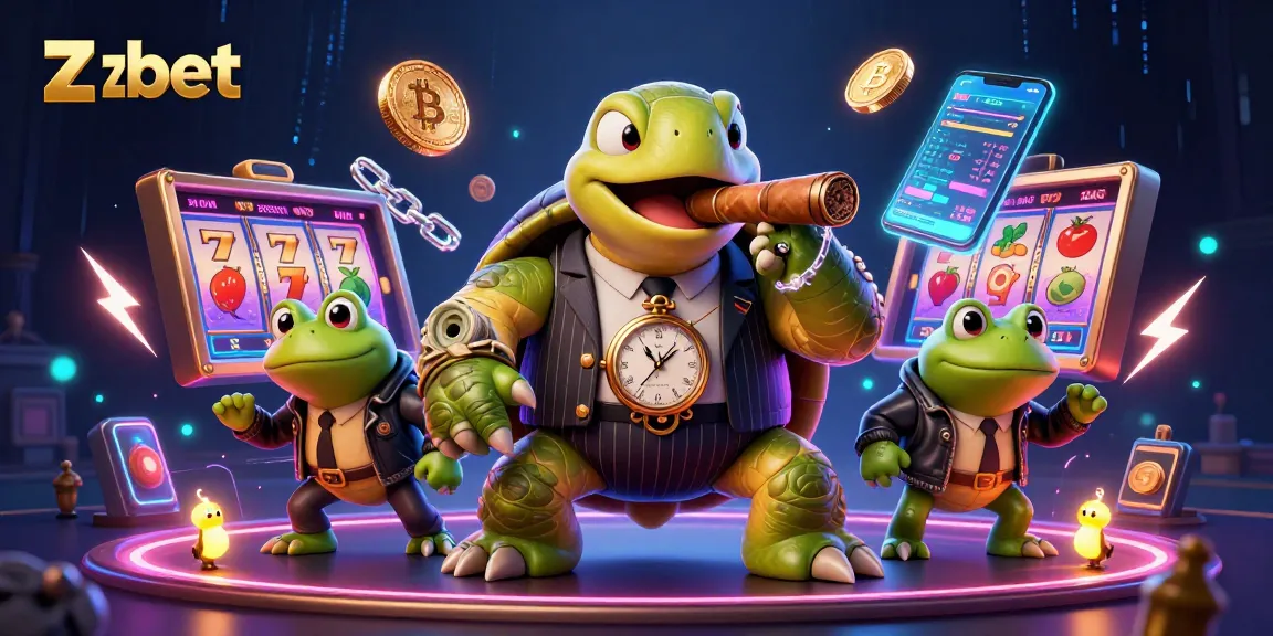 Experience zbet's vibrant casino scene with a cartoon turtle and engaging symbols from slots and crypto.