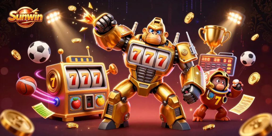 Experience thrilling gameplay with Sunwin in this vibrant casino illustration featuring a golden gorilla mech.