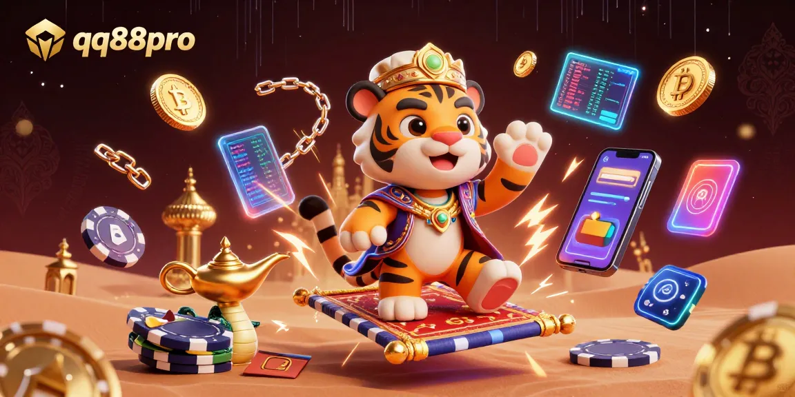 Engage with thrilling games at qq88pro featuring a dynamic Arabian Nights-themed scene with crypto elements.