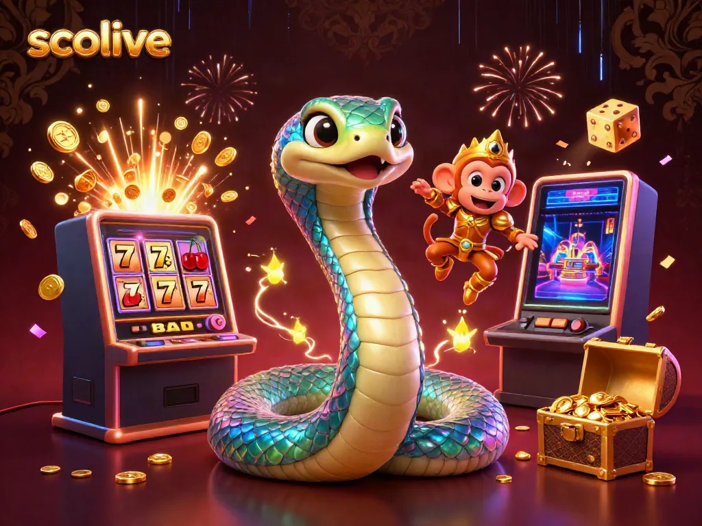 Socolive features a vibrant 3D cartoon scene showcasing a rainbow serpent, a monkey king, and a burst of casino symbols, enhancing online gambling enthusiasm.