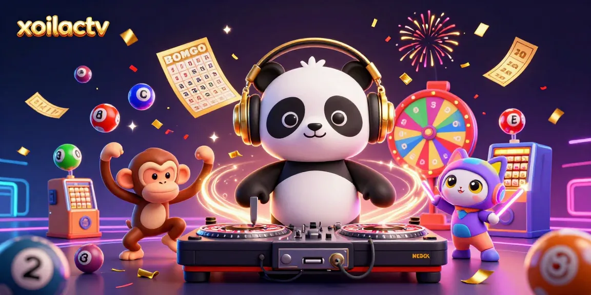 Xoilactv showcases an energetic scene with a DJ panda and festive elements like bouncing lottery balls and confetti.