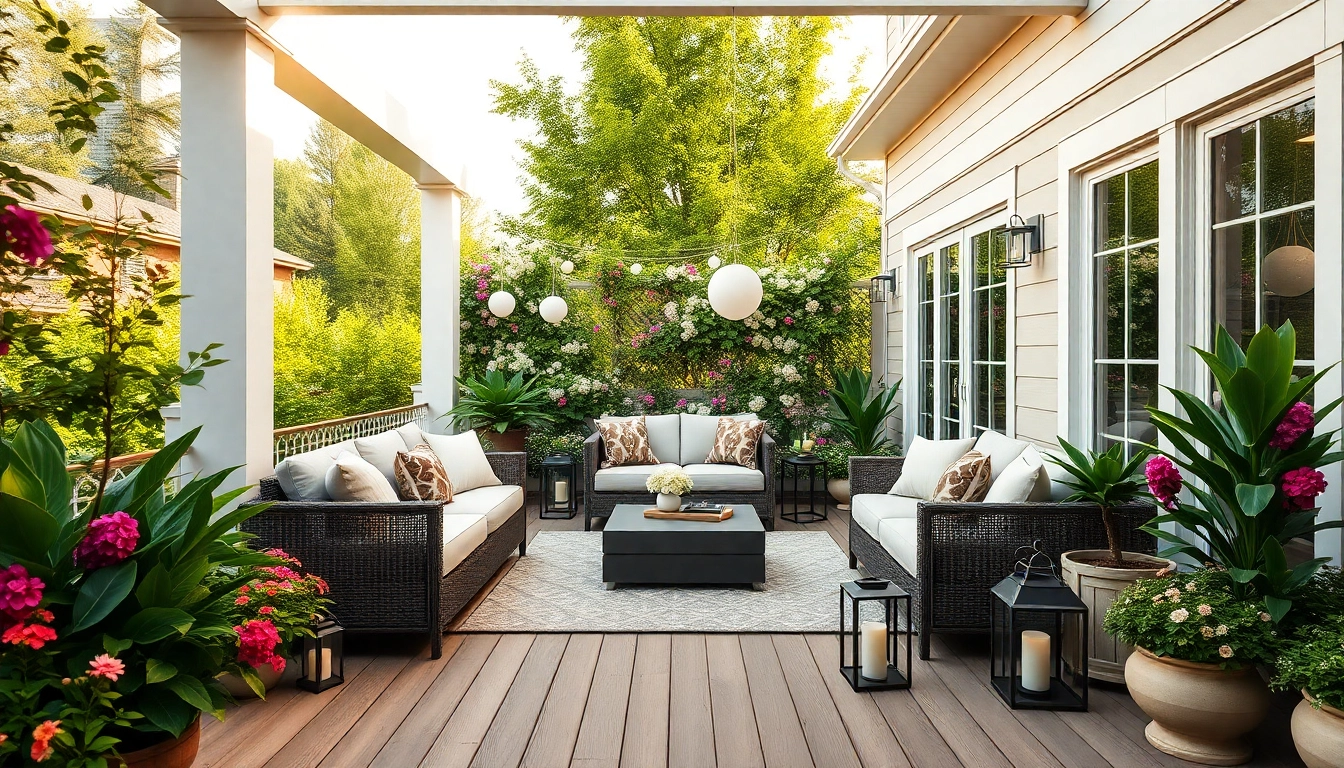 Wellesley Outdoor Living showcasing a stylish lounge area surrounded by vibrant plants and warm lighting.