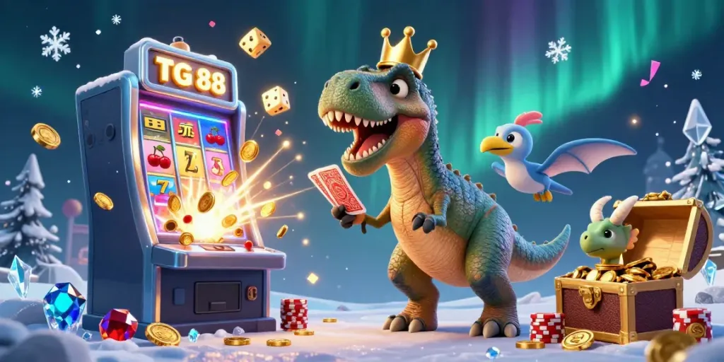 Experience the thrill of TG 88 with cartoon characters enjoying jackpots, vibrant slot elements, and energetic casino vibes.