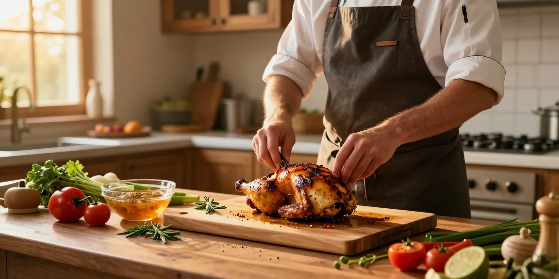 Delicious grilled chicken preparation with rokok88 spices in a warm kitchen.