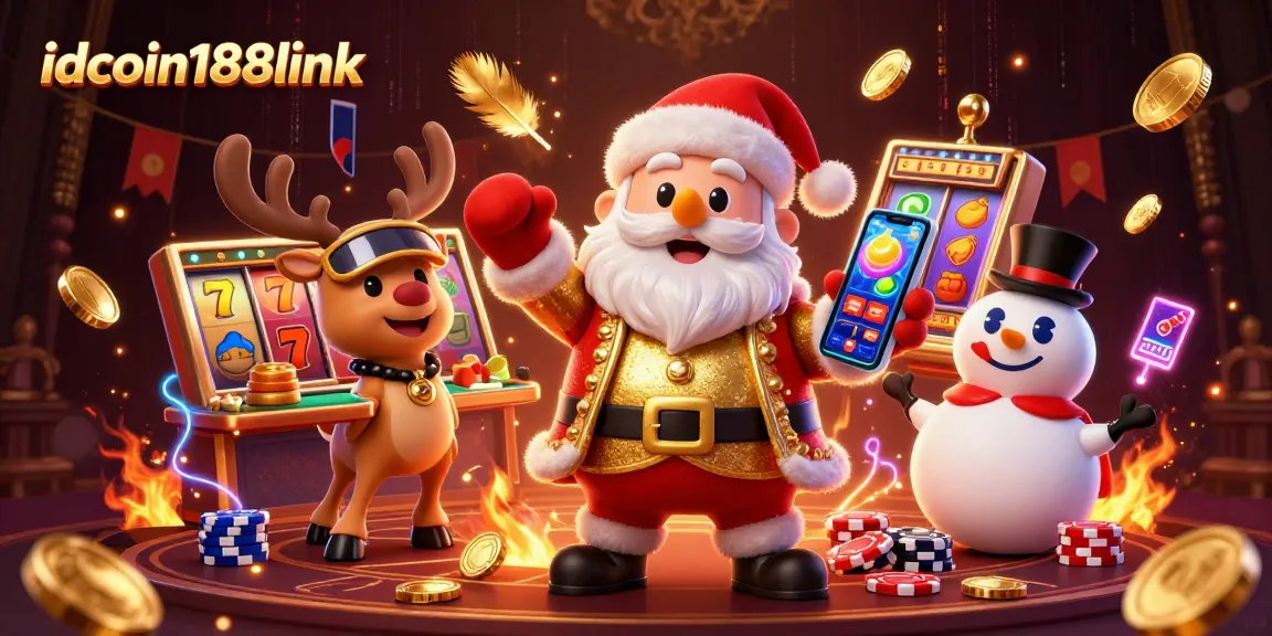 Spin to win with idcoin188link in a vibrant casino scene featuring a festive Santa and his friends.