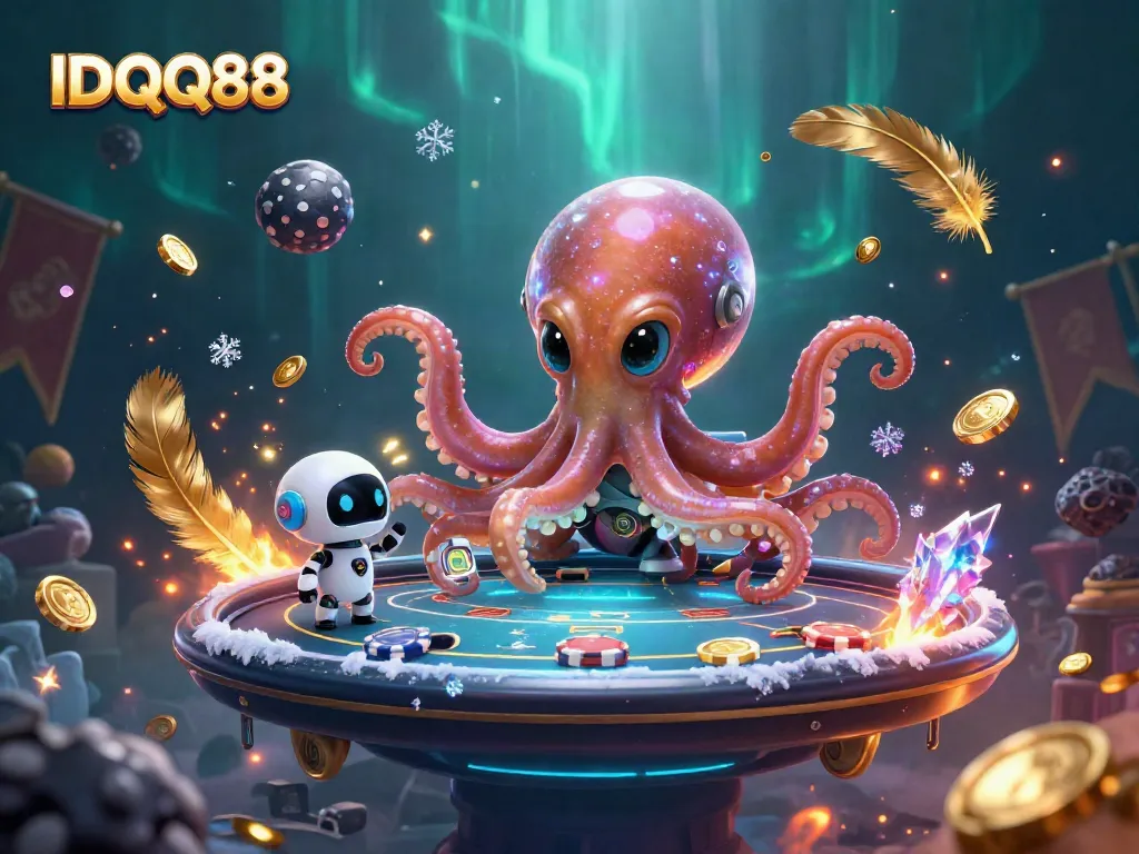 Experience the thrilling IDQQ88 with an exciting scene featuring an alien octopus and a tiny robot at a poker table.