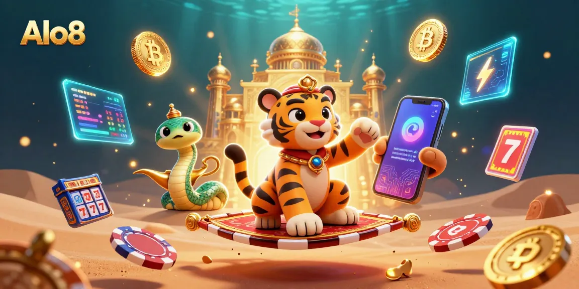 Gamblers engage in exciting games at Alo8, showcased by vibrant 3D elements and characters.