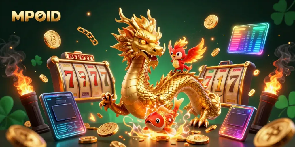 MPOID showcases a vibrant dragon and phoenix amidst slot machines and crypto coins