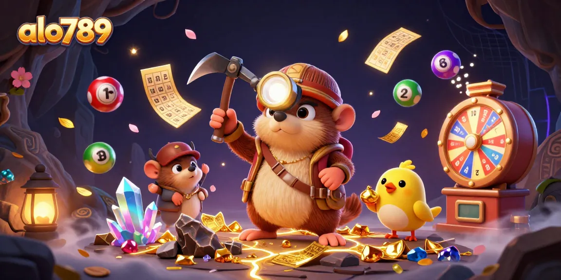 Experience the excitement of alo789 with a 3D rendering of a treasure hunter mole amidst vibrant gambling elements.