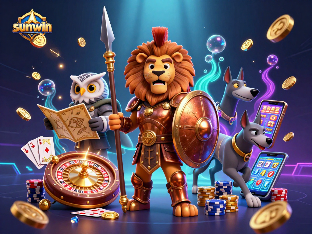 Experience big wins with sunwin in this dynamic 3D casino scene featuring a Spartan lion and playful elements.