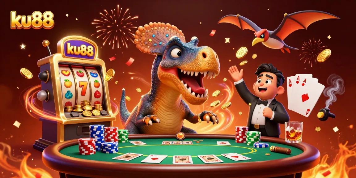 ku88 captures excitement as characters interact with a slot machine amidst a bustling casino scene.