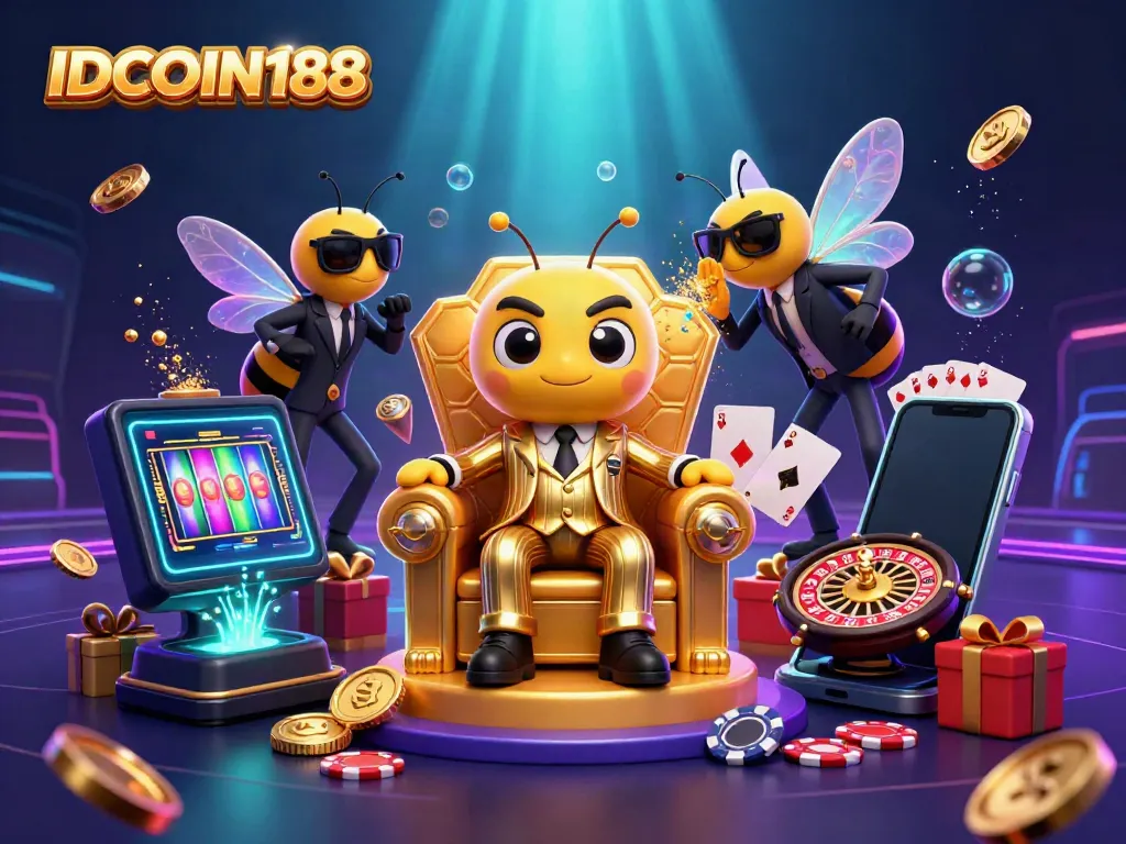 IDCOIN188 showcases a golden pinstripe bumblebee mob boss in a vibrant casino scene.