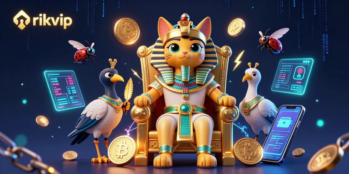 rikvip showcases a vibrant gaming scene with Egyptian pharaoh cat and crypto elements, depicting thrilling online betting.