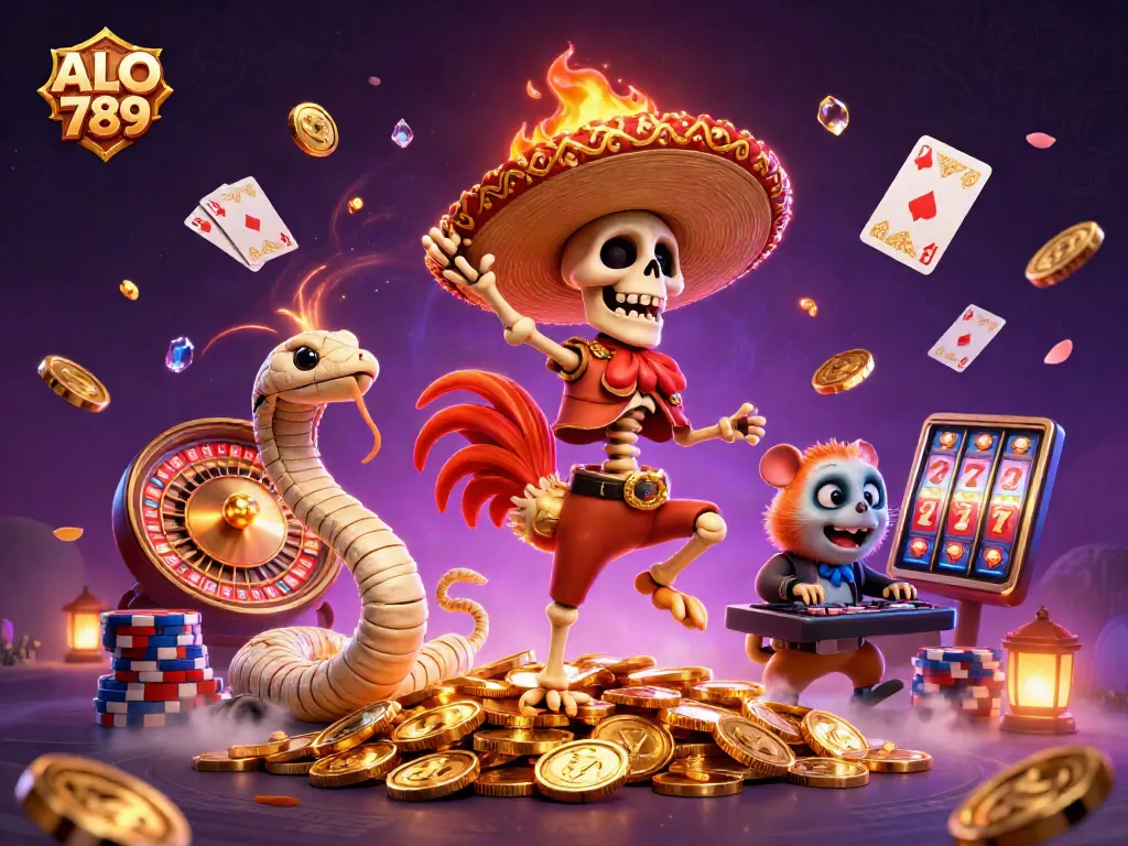 Experience thrilling wins at ALO 789 with a vibrant casino scene and playful characters.