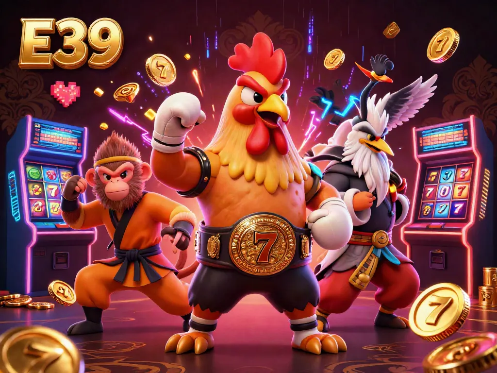 Engage with E39’s exciting slot gameplay featuring colorful characters, vibrant arcade machines, and captivating animations.