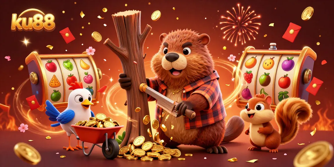 ku88 illuminates an exciting casino scene with a beaver gathering coins and vibrant slot elements.