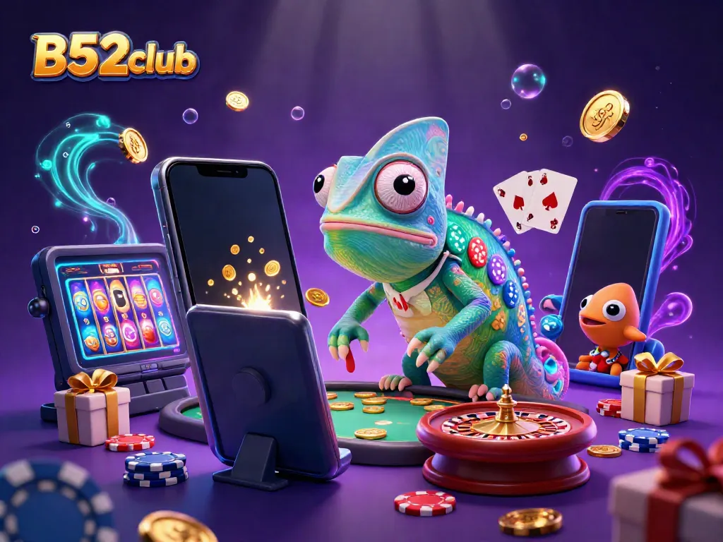 B52club showcases a vibrant scene with a chameleon casino owner capturing coins amidst colorful slot games and casino elements.