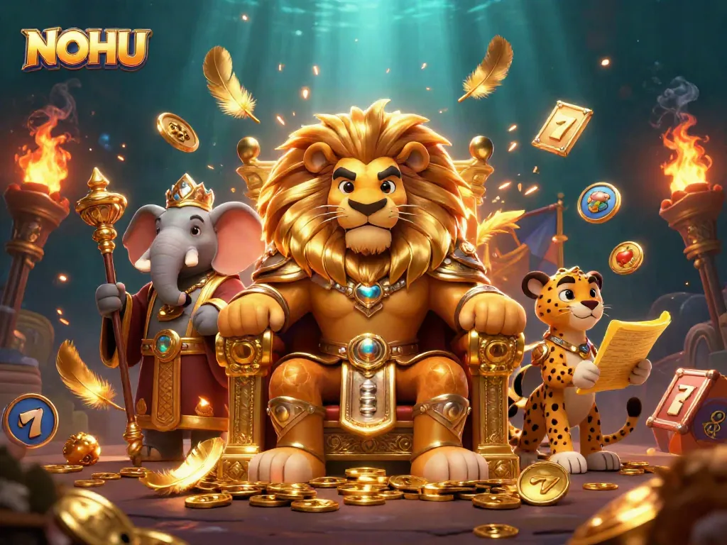 Engage in thrilling slots and jackpots with NOHU in a vibrant 3D casino scene featuring majestic characters.