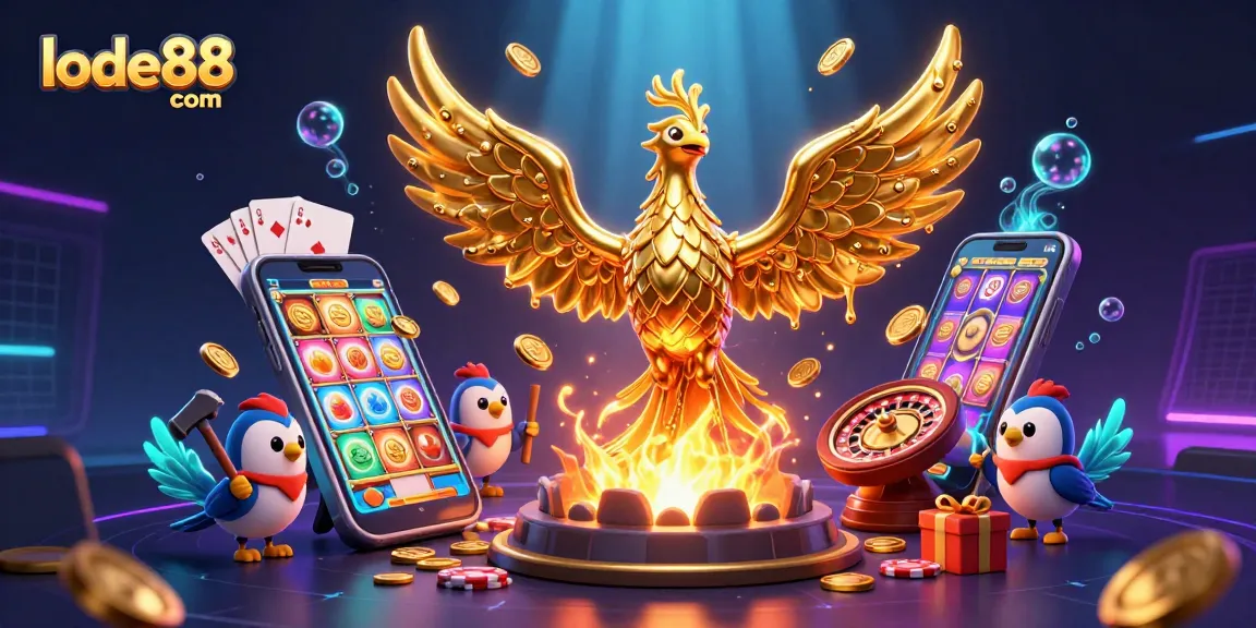 Lode88 com invites players to enjoy golden slot wins with a molten phoenix rising amidst 3D gaming elements.