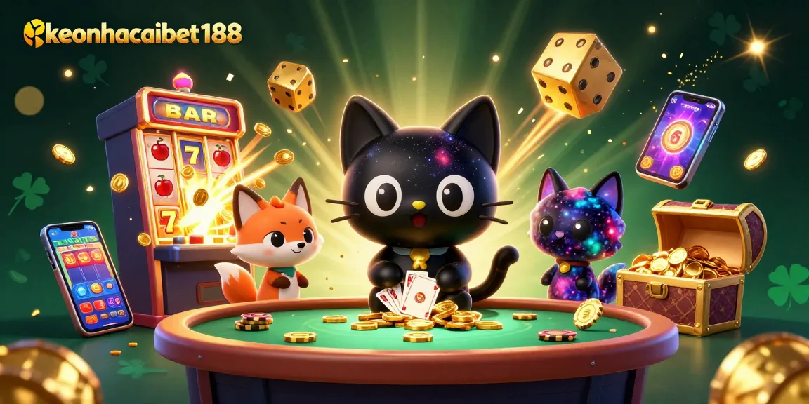 Experience the thrill of keonhacaibet188 with colorful casino elements spinning around a cosmic scene.