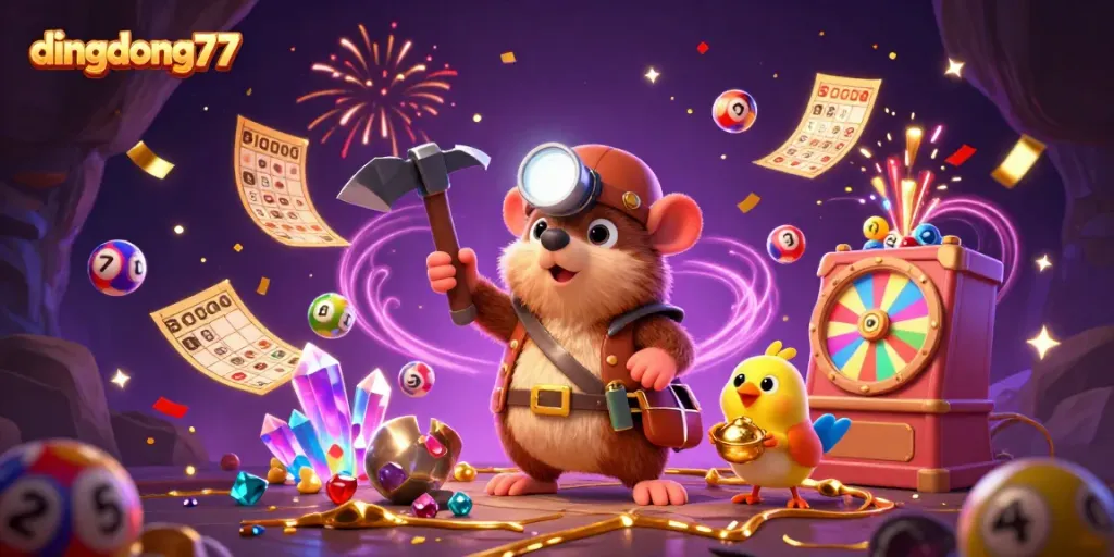 Experience excitement at dingdong77 with a treasure hunter mole and canary amidst vibrant lottery elements.