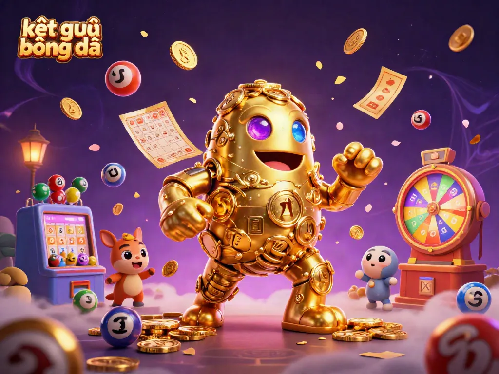 Experience the thrill of kết quả bóng đá with an immersive 3D illustration of a golden golem, lottery elements, and vibrant casino effects.