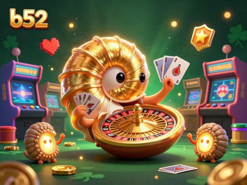 B52 enchanting gaming scene with a giant nautilus roulette wheel, cards in tentacles, and arcade elements.
