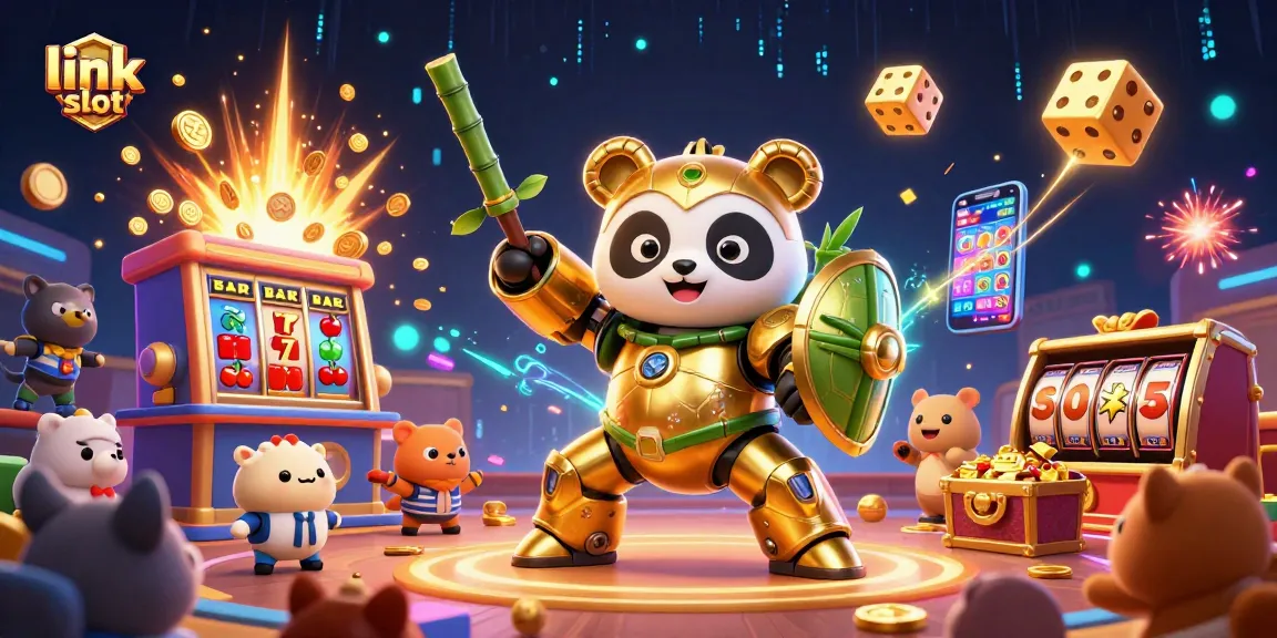 Link slot engaging cartoon panda in an action-packed casino illustration with dynamic elements.