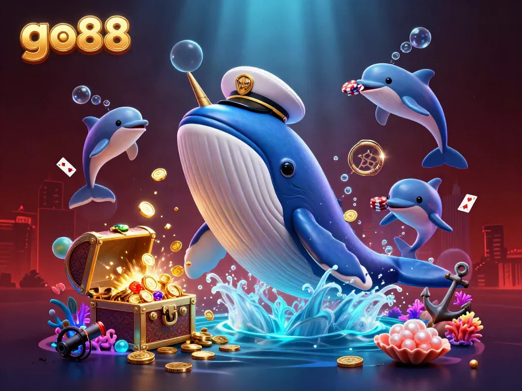 Experience exciting gameplay at go88 with a vibrant underwater casino scene featuring whale, narwhal, and playful dolphins.
