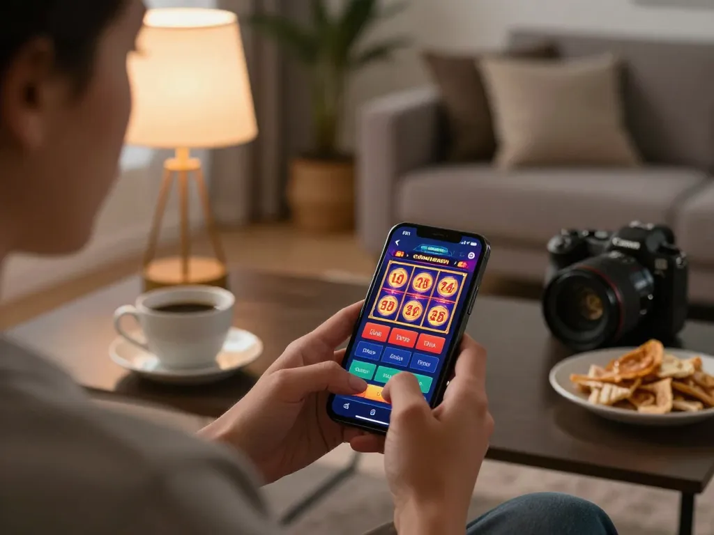 Player enjoying online gaming at nk88 com with smartphone in cozy living room