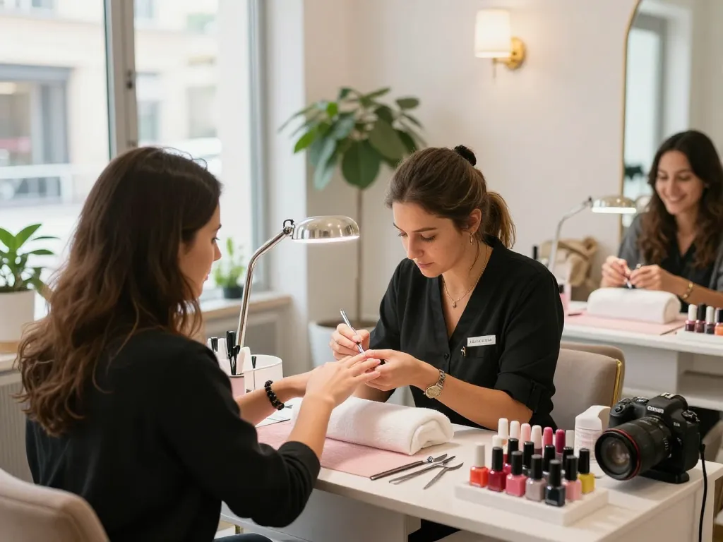 Professional nails manicure service at a beauty salon, showcasing the elegant atmosphere and attention to hygiene.