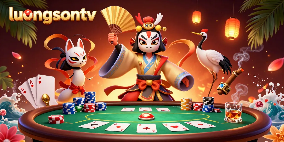 Experience thrilling gameplay at luongsontv with a vibrant poker scene featuring kabuki characters and dynamic elements.