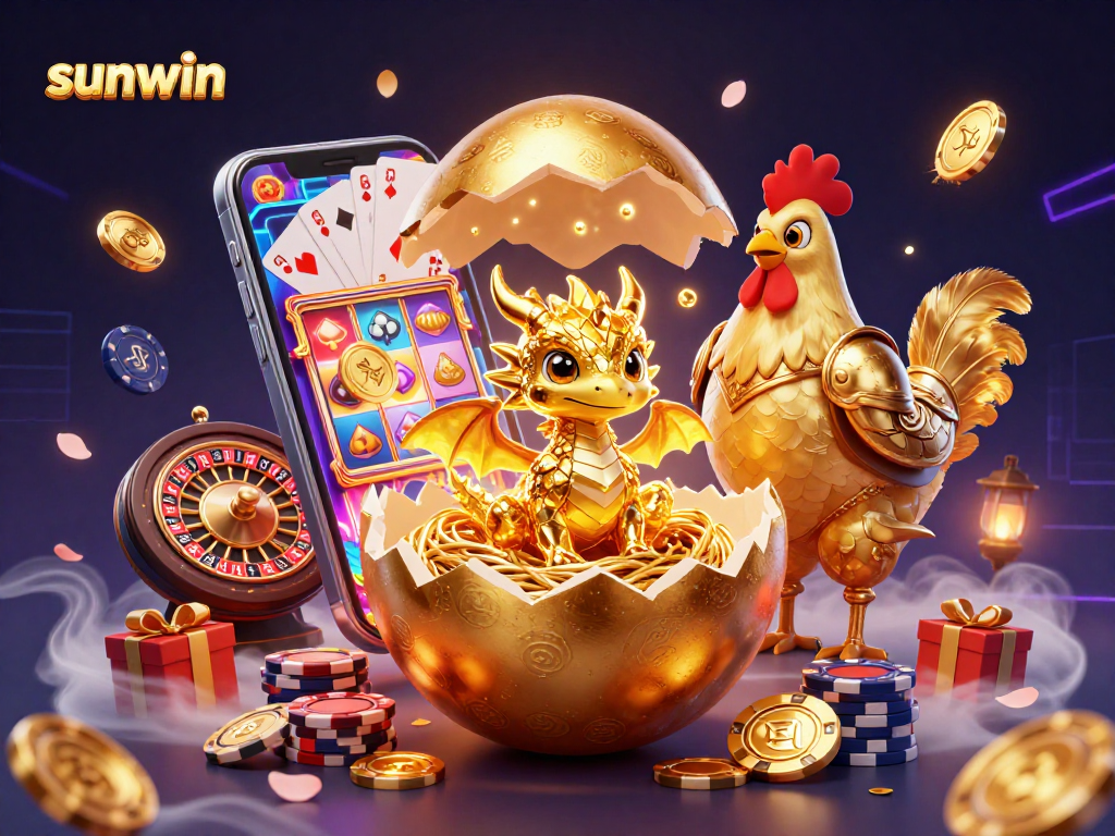 Win big with sunwin's vibrant casino scene featuring golden dragon and poker chips.