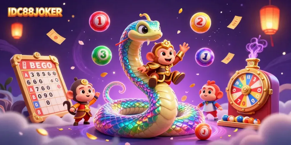 Engage with IDC88JOKER’s vibrant gaming world featuring a rainbow serpent and monkey king amidst colorful lottery elements.