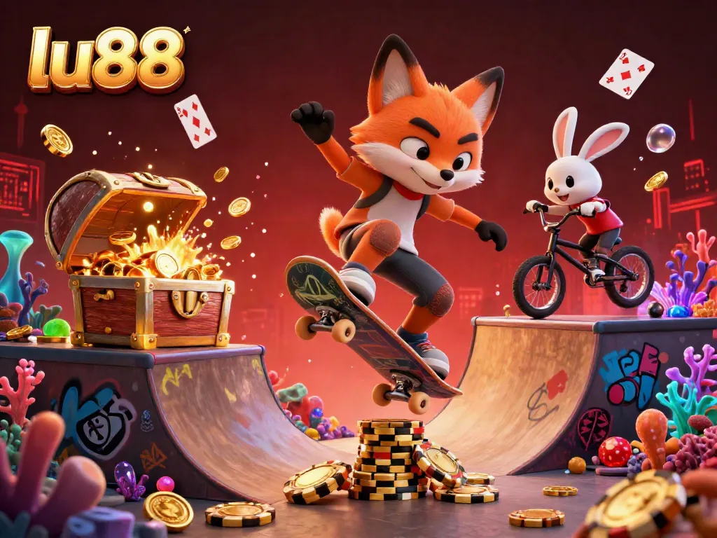 Join the lu88 adventure with a skateboarding fox and BMX rabbit amidst vibrant casino elements.