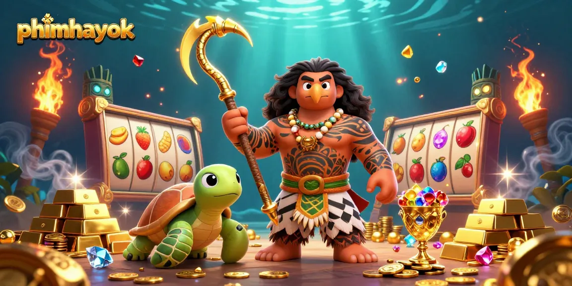Engage with phimhayok slots action featuring Polynesian demigod, colorful reels, and treasure.
