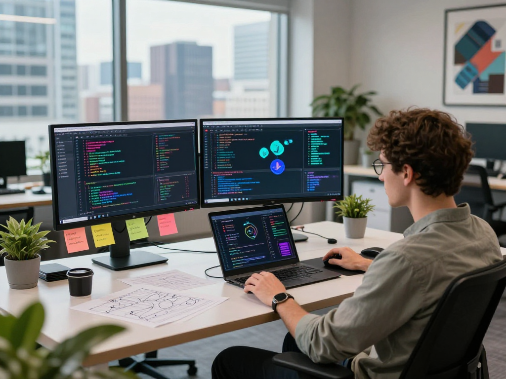 Blockchain developer working with USDT0 on dual monitors in a modern office.
