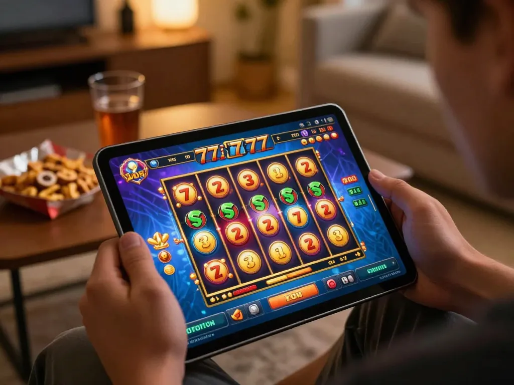 Engaging gameplay on slot777 during cozy home gaming session with tablet and snacks.
