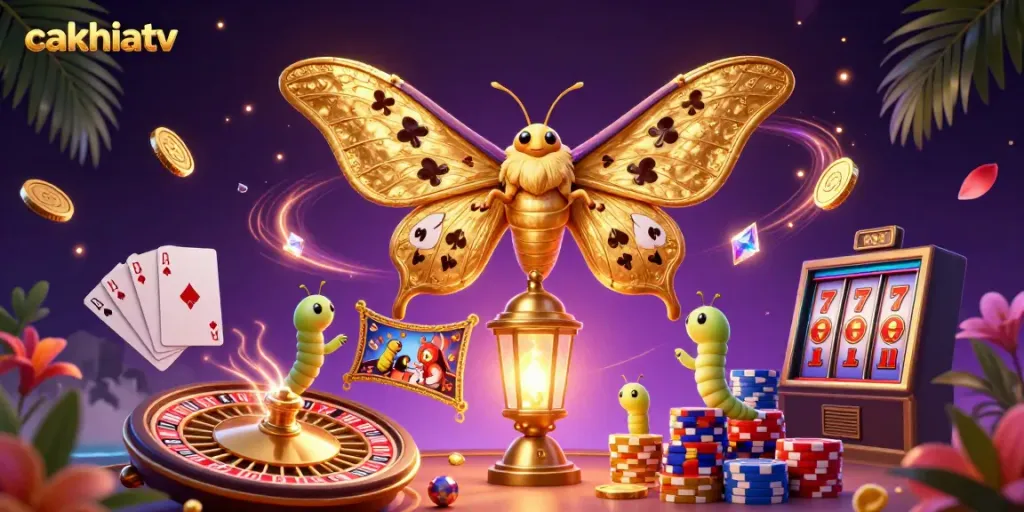 Experience the vibrant energy of cakhiatv with a casino-themed scene featuring a golden atlas moth and dynamic gaming elements.