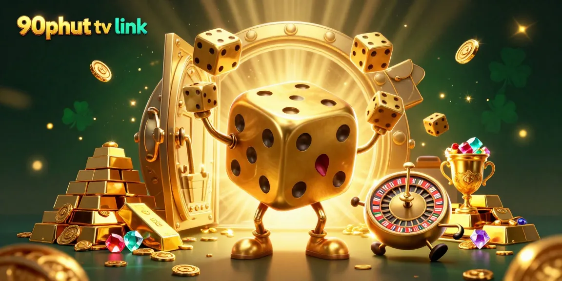 Engage with 90phut tv link in a vibrant, glittering 3D casino scene with golden treasures.