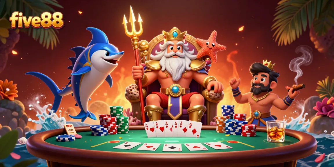 Join five88 for a vibrant poker showdown with Neptune and samurai characters!