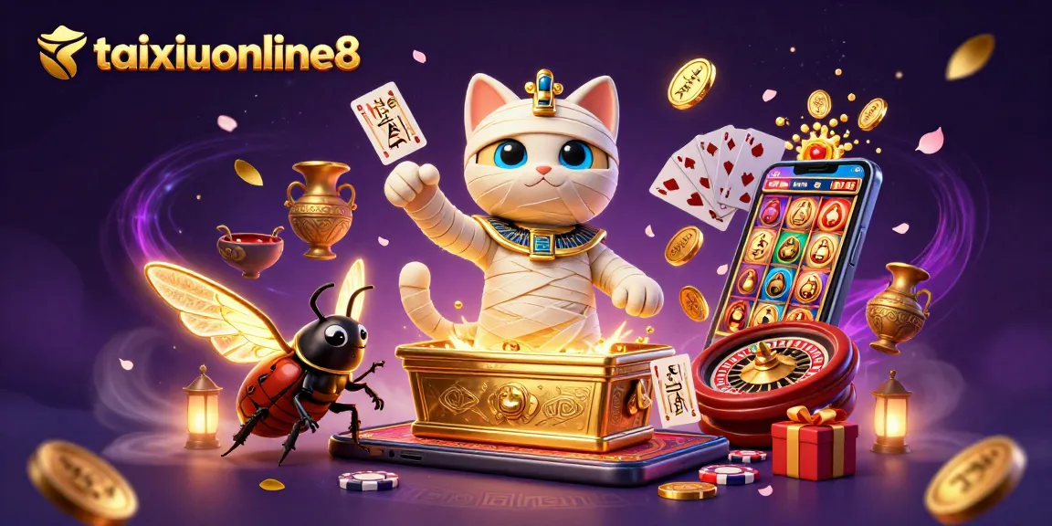 Experience the excitement of taixiuonline8 with a vibrant 3D casino illustration featuring lively characters and gaming elements.
