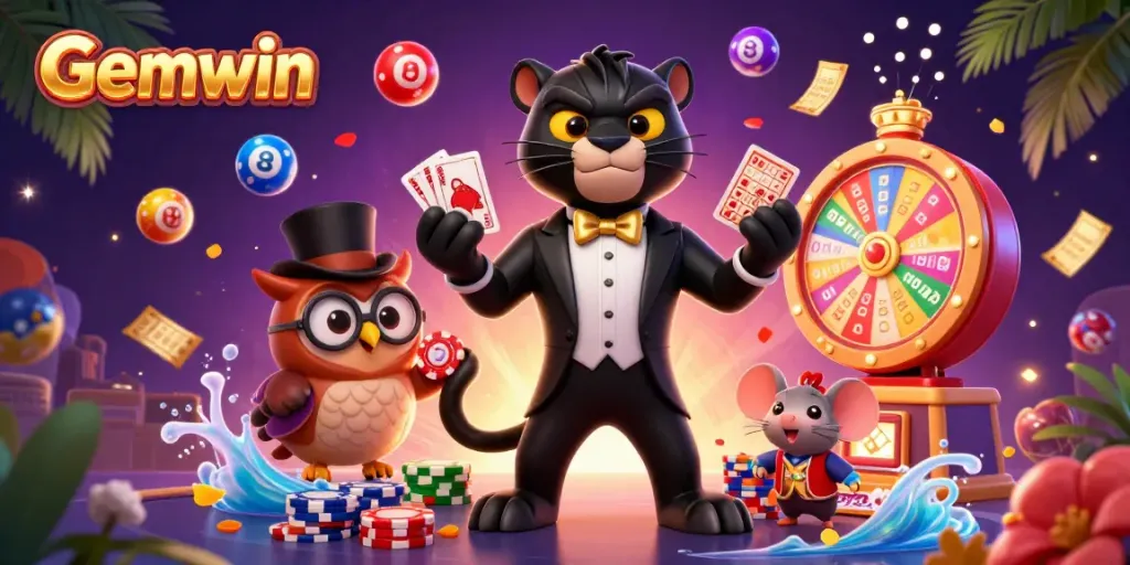 Experience Gemwin with a dynamic casino scene featuring a stylish panther, poker owl, and lucky mouse.
