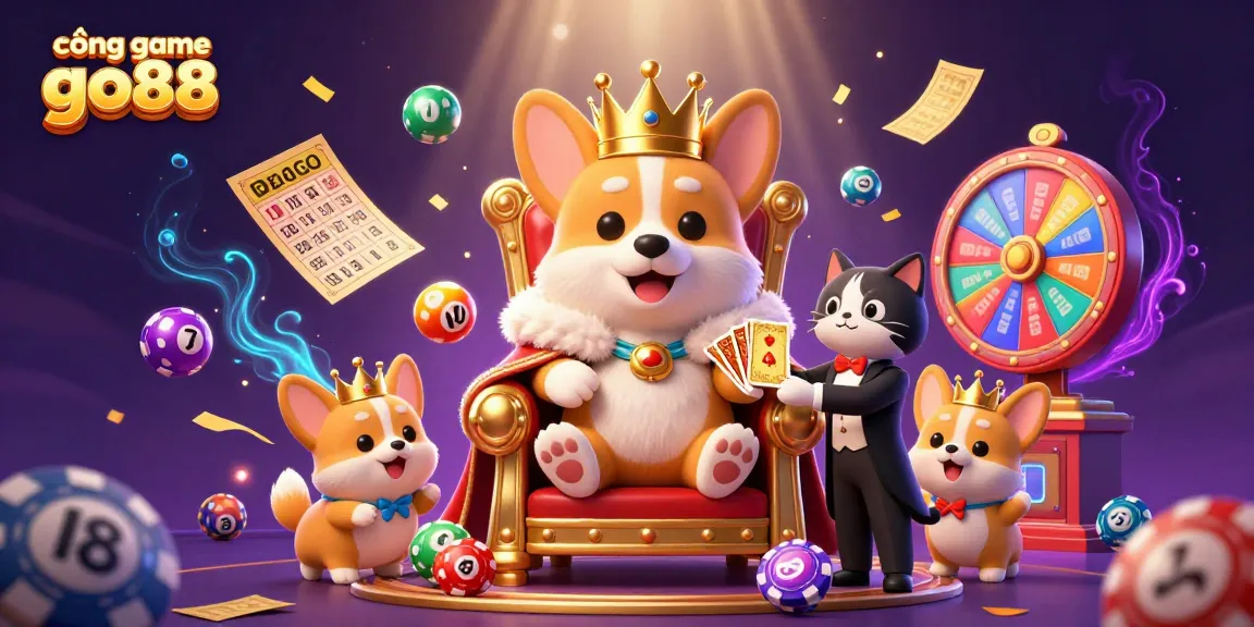 Cổng game go88 offers an exciting visual of a royal corgi and a butler amidst vibrant game elements, illustrating the fun of online gaming.