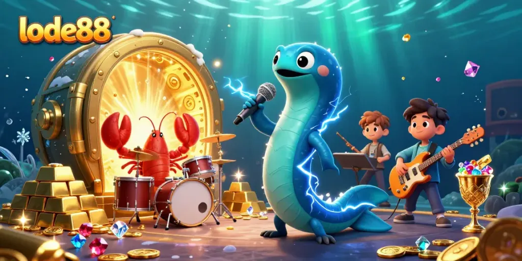 Experience the excitement of lode88 with dynamic characters performing at an underwater casino.