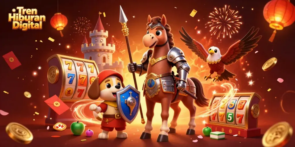 Experience Tren Hiburan Digital with a knight and friends celebrating in a vibrant casino world.